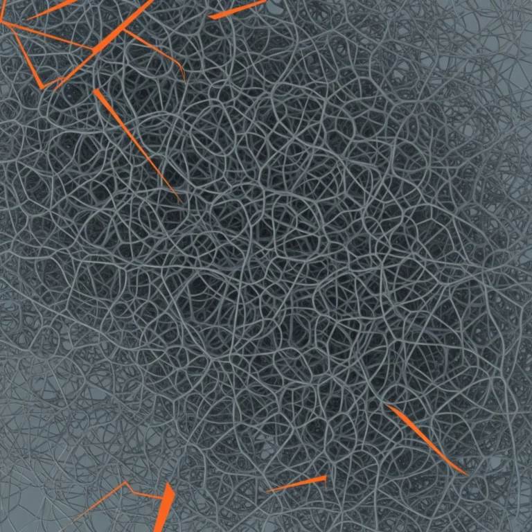 An abstract digital artwork representing chaos. A dense, tangled mass of gray lines fills the frame, with several sharp, angular orange lines providing a stark contrast.