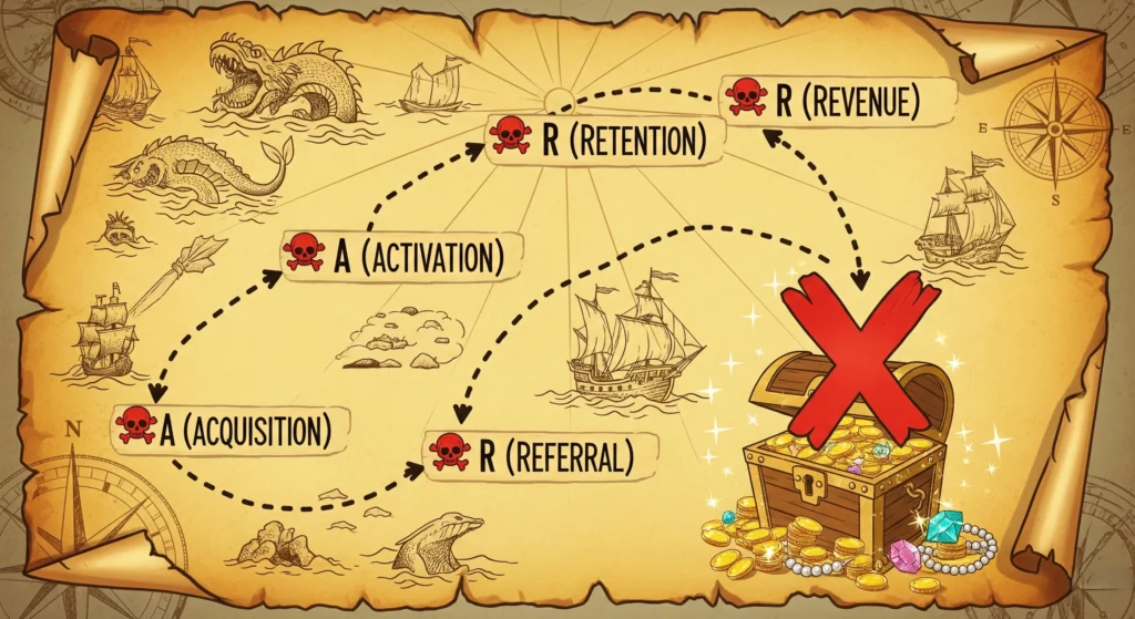 A stylized treasure map with a pirate theme. The path on the map follows five key points, each marked with a skull-and-crossbones icon and labeled: A (Acquisition), A (Activation), R (Retention), R (Referral), R (Revenue). The final point leads to a large "X" marking a treasure chest overflowing with gold coins. Image size: 1920x1080 pixels.