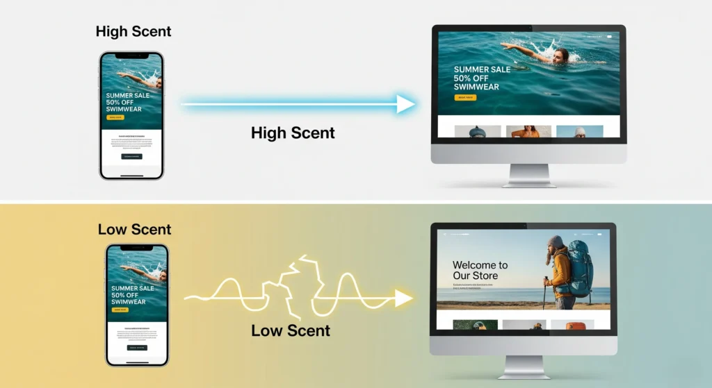 An image showing a clear, straight, glowing path from a digital ad (e.g., on a phone screen) directly to a landing page that perfectly mirrors the ad's visual style, headline, and offer. The path is labeled "High Scent," while a broken, convoluted path leading to a mismatched page is labeled "Low Scent." Image size: 1920x1080 pixels.