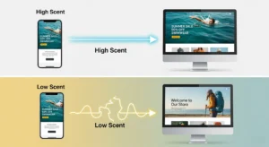 An image showing a clear, straight, glowing path from a digital ad (e.g., on a phone screen) directly to a landing page that perfectly mirrors the ad's visual style, headline, and offer. The path is labeled "High Scent," while a broken, convoluted path leading to a mismatched page is labeled "Low Scent." Image size: 1920x1080 pixels.