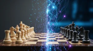 A split image. On one side, a classic chessboard with pieces in a rigid, static formation. On the other side, a fluid, glowing digital network with intertwined lines and nodes, symbolizing modern, AI-driven marketing strategies.