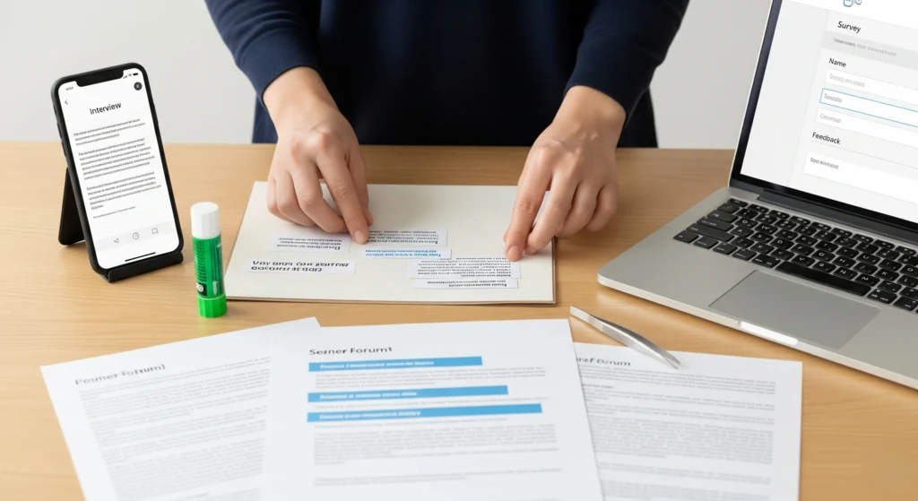 The Scrappy Strategist: A Guide to DIY Market Research on a Shoestring Budget 1 A clean, minimalist image showing a person's hands at a desk. The hands are assembling a collage or a puzzle using simple, accessible tools: a smartphone for interviews, a laptop showing a survey form, and printouts of online forum discussions. The overall vibe is resourceful and clever. Image size: 1920x1080 pixels.