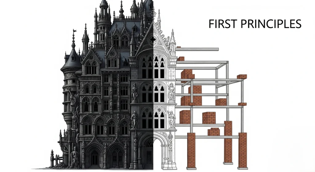 A stylized image of a complex, ornate building (representing a common problem). Next to it, an image of the same building deconstructed down to its fundamental bricks and foundation (representing the first principles). The deconstruction is clean, simple, and elegant. Image size: 1920x1080 pixels.