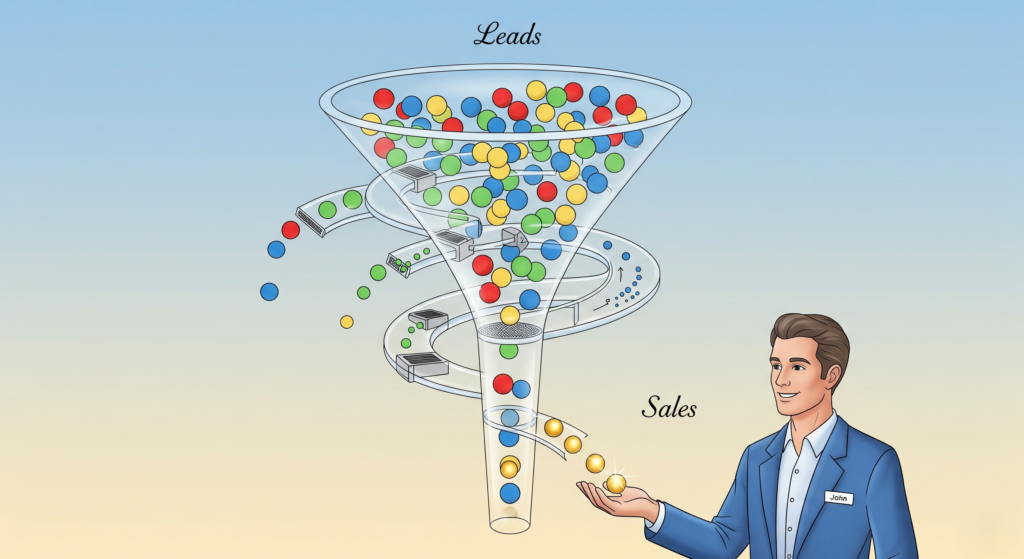 Stop Wasting Sales' Time: How to Build a Lead Scoring Model That Actually Works 4 An illustration of a funnel with different colored dots (leads) flowing through it. As they move down, some dots are filtered out, while the high-value dots turn gold and are passed to a waiting salesperson.