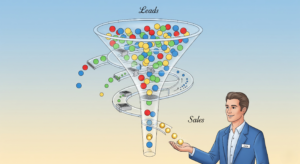 An illustration of a funnel with different colored dots (leads) flowing through it. As they move down, some dots are filtered out, while the high-value dots turn gold and are passed to a waiting salesperson.