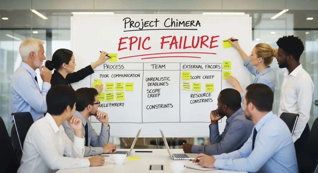 An image of a team of people in a modern office meeting room. Instead of celebrating, they are gathered around a whiteboard that has a project name at the top with "EPIC FAILURE" written in red below it. They are thoughtfully and constructively adding sticky notes to the board, analyzing the "causes" of the hypothetical failure. Image size: 1920x1080 pixels.