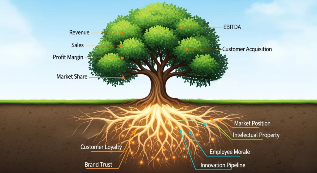 A stylized image of a sturdy, growing tree. The visible branches and leaves are labeled with tangible metrics like "Revenue" and "Sales," while the deep, glowing root system underground is labeled with intangible assets like "Brand Trust," "Customer Loyalty," and "Market Position." Image size: 1920x1080 pixels.