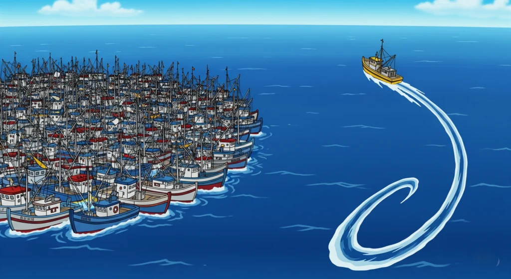 An image of a vast blue ocean with many fishing boats clustered together in one small area (representing a crowded market). Off to the side, a single, different-colored boat is charting a course into a wide-open, empty section of the ocean, leaving a unique wake. Image size: 1920x1080 pixels.